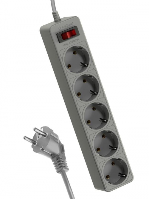 Удлинитель с сетевым фильтром 5х5м с заземл. 10А IP20 2.2кВт ПВС 3х0.75 с выкл. с индикатором сети сер. КОСМОС FKsm5m-5g(G) FKsm5m-5g(G)