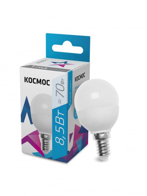 Лампа светодиодная 8.5Вт шар 4500К бел. E14 220В КОСМОС LkecLED8.5wGL45E1445 LkecLED8.5wGL45E1445