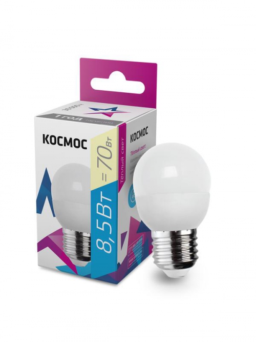 Лампа светодиодная 8.5Вт шар 3000К тепл. бел. E27 220В КОСМОС LkecLED8.5wGL45E2730 LkecLED8.5wGL45E2730