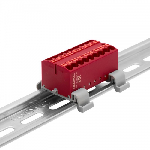 Блок распределительный с горизонт. адаптером на рейку шир. 35мм зажим push-in 18 точек подключения 2.5кв.мм красн. DKC DTP1-018-04SPUR-H DTP1-018-04SPUR-H