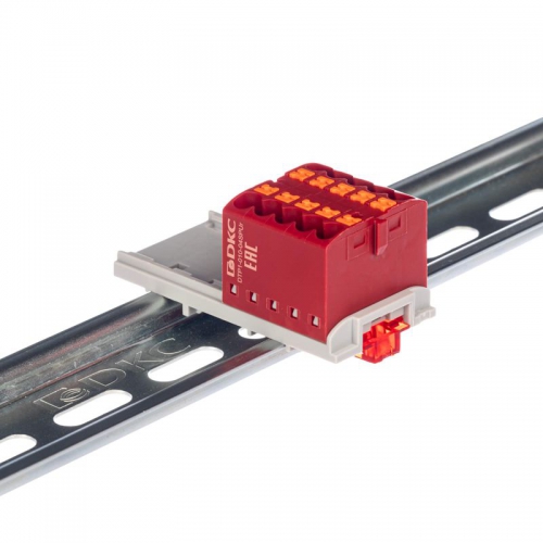 Блок распределительный с вертикал. адаптером на рейки шир. 15/35мм зажим push-in 10 точек подключения 2.5кв.мм красн. DKC DTP1-010-04SPUR-V DTP1-010-04SPUR-V