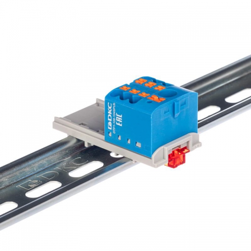 Блок распределительный с вертикал. адаптером на рейки шир. 15/35мм зажим push-in 1 ввод 6кв.мм 6 точек подключения 2.5кв.мм син. DKC DTP1-106-104SPUB-V DTP1-106-104SPUB-V