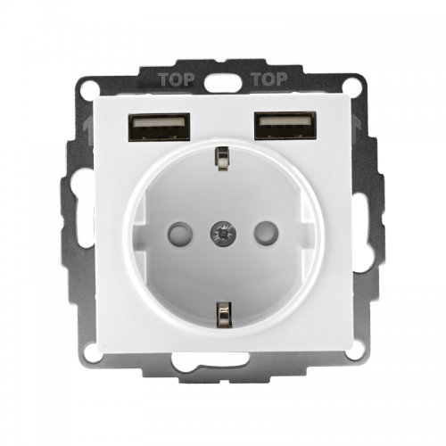 Розетка 1-м СП AtlasDesign 16А IP20 с 2-мя заряд. устройствами USB тип A+A 5В/2.4А 2х5В/1.2А механизм бел. SE ATN000130 ATN000130