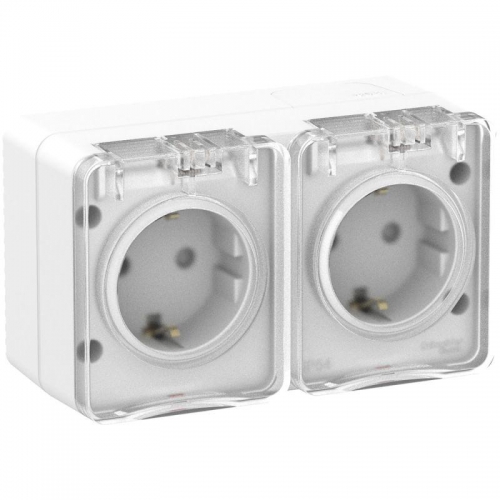 Розетка 2-м ОП AtlasDesign Profi54 16А IP54 250В с заземл. защ. шторки бел. SE ATN540126 ATN540126
