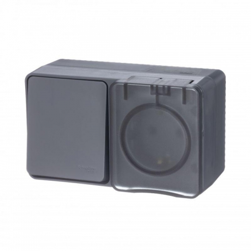 Блок ОП AtlasDesign Profi54 (розетка 16А 250В с заземл. защ. шторки + 1-кл. выкл. 10А) IP54 антрацит SE ATN544070 ATN544070