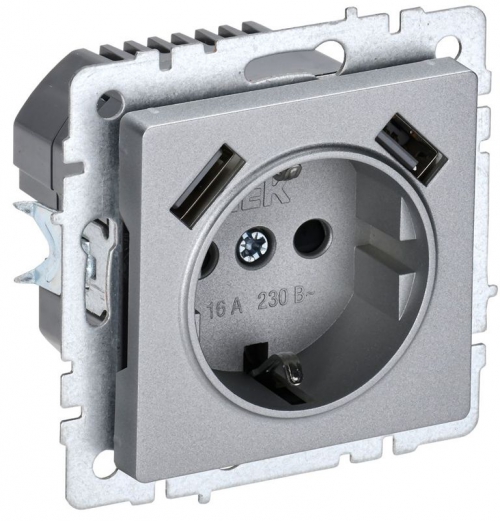 Розетка BRITE РЮш10-1-БрА 16А с USB A+A 2.1А с заземл. защ. шторки алюм. IEK BR-R14-16-U21-D21-K47 BR-R14-16-U21-D21-K47