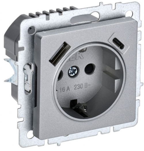 Розетка BRITE РЮш11-1-БрА 16А с USB A+C 18Вт с заземл. защ. шторки алюм. IEK BR-R14-16-U22-018-K47 BR-R14-16-U22-018-K47