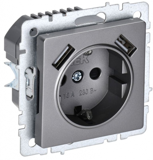 Розетка BRITE РЮш10-1-БрС 16А с USB A+A 2.1А с заземл. защ. шторки сталь IEK BR-R14-16-U21-D21-K46 BR-R14-16-U21-D21-K46