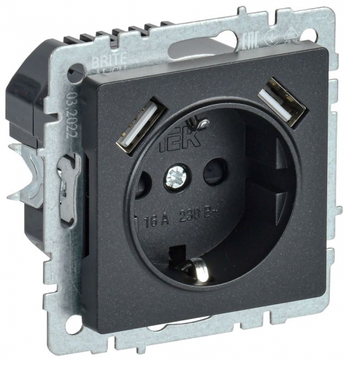 Розетка BRITE РЮш10-1-БрЧ 16А с USB A+A 2.1А с заземл. защ. шторки черн. IEK BR-R14-16-U21-D21-K02 BR-R14-16-U21-D21-K02