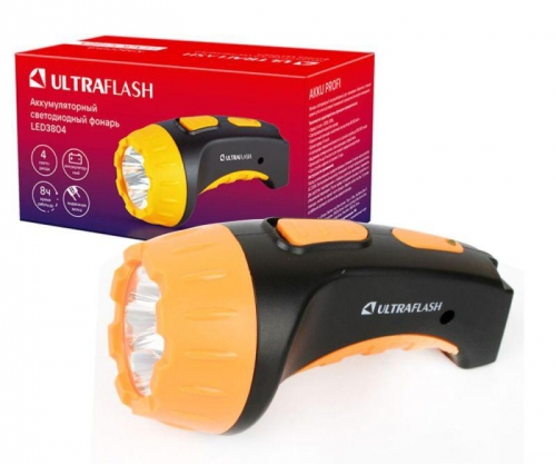 Фонарь аккумуляторный LED3804 4LED аккум. SLA 220В пластик. черн./желт. (кор.) Ultraflash 9215 9215