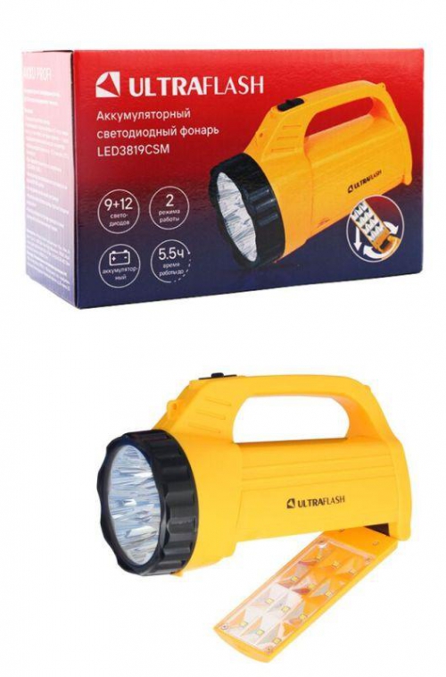 Фонарь аккумуляторный LED3819CSM 9LED + 12SMD 2 режима аккум. SLA 220В желт. Ultraflash 12860 12860