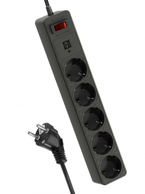 Удлинитель с сетевым фильтром 5х1.8м с заземл. 10А IP20 2.2кВт 2хUSB 3х0.75 с предохранителем КОСМОС FKsm1.8m-5g(B)USB FKsm1.8m-5g(B)USB