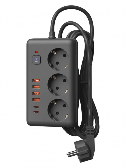 Удлинитель с сетевым фильтром 3х3м 10А 4USB + 2USBC 2500Вт ПВС 3х1 прямоуг. черн. КОСМОС FKsm3m-3gPF(B)USB FKsm3m-3gPF(B)USB