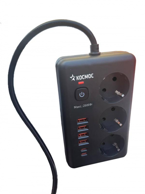 Удлинитель с сетевым фильтром 3х1.5м 10А 4USB + 2USBC 2500Вт ПВС 3х1 прямоуг. черн. КОСМОС FKsm1.5m-3gPF(B)USB FKsm1.5m-3gPF(B)USB