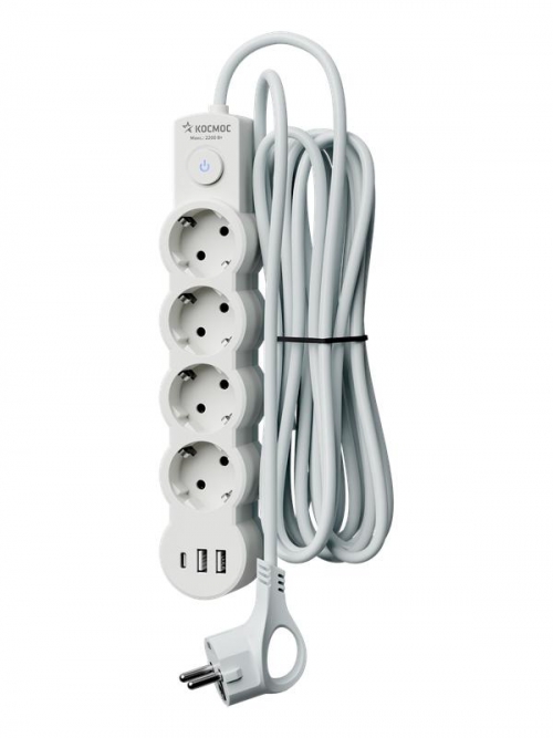 Удлинитель 3х5м с заземл. 10А IP20 USB 2500Вт 220В ПВС 3х1 с выкл. бел. КОСМОС YKsm5m4g-Z-VU10А-W YKsm5m4g-Z-VU10A-W