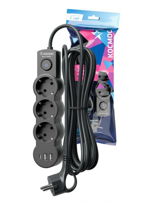 Удлинитель 3х3м с заземл. 10А IP20 USB 2800Вт 220В ПВС 3х1 с выкл. черн. КОСМОС YKsm3m3g-Z-VU10А-B YKsm3m3g-Z-VU10A-B