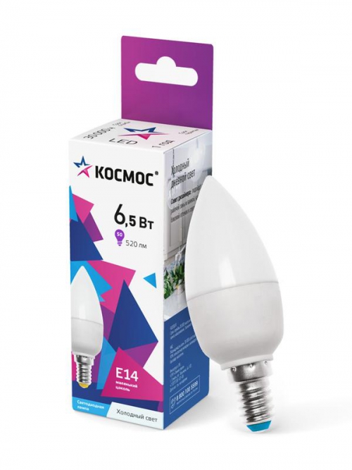 Лампа светодиодная 6.5Вт свеча 6500К холод. бел. E14 220В КОСМОС LkecLED6.5wCNE1465 LkecLED6.5wCNE1465