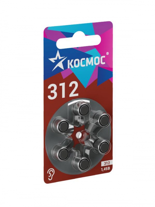 Элемент питания воздушно-цинковая для слуховых аппаратов ZA312 (312 PR41 DA312 V312A) 1.45В (уп.6шт) КОСМОС KOCZA-312BL6 KOCZA-312BL6