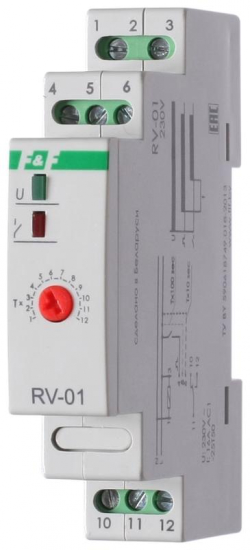 Реле времени RV-01 (задержка вкл. (1..120сек) 230В 16А 1перекл. IP20 монтаж на DIN-рейке) F&F EA02.001.007 EA02.001.007