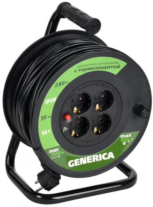Удлинитель на катушке 4х30м 16А IP20 УК30 2P+PE 3х1.5 термозащита GENERICA WKP20-16-04-30-G WKP20-16-04-30-G