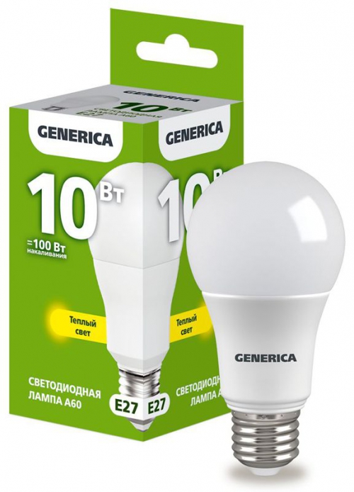 Лампа светодиодная A60 10Вт грушевидная 3000К E27 230В GENERICA LL-A60-10-230-30-E27-G LL-A60-10-230-30-E27-G