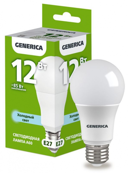 Лампа светодиодная A60 12Вт грушевидная 6500К E27 230В GENERICA LL-A60-12-230-65-E27-G LL-A60-12-230-65-E27-G