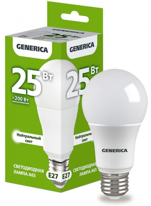 Лампа светодиодная A65 25Вт грушевидная 4000К E27 230В GENERICA LL-A65-25-230-40-E27-G LL-A65-25-230-40-E27-G