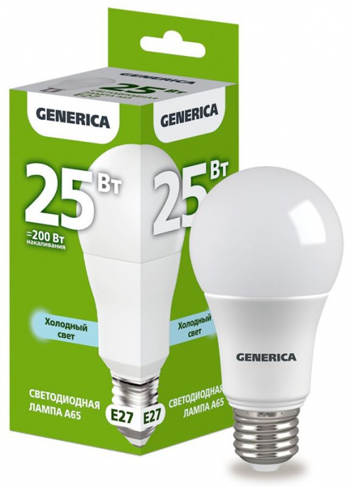 Лампа светодиодная A65 25Вт грушевидная 6500К E27 230В GENERICA LL-A65-25-230-65-E27-G LL-A65-25-230-65-E27-G