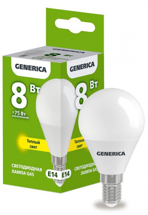 Лампа светодиодная G45 8Вт шар 3000К E14 230В GENERICA LL-G45-08-230-30-E14-G LL-G45-08-230-30-E14-G
