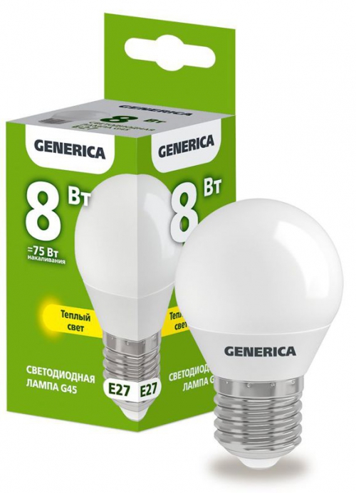 Лампа светодиодная G45 8Вт шар 3000К E27 230В GENERICA LL-G45-08-230-30-E27-G LL-G45-08-230-30-E27-G