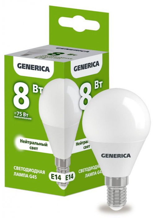 Лампа светодиодная G45 8Вт шар 4000К E14 230В GENERICA LL-G45-08-230-40-E14-G LL-G45-08-230-40-E14-G