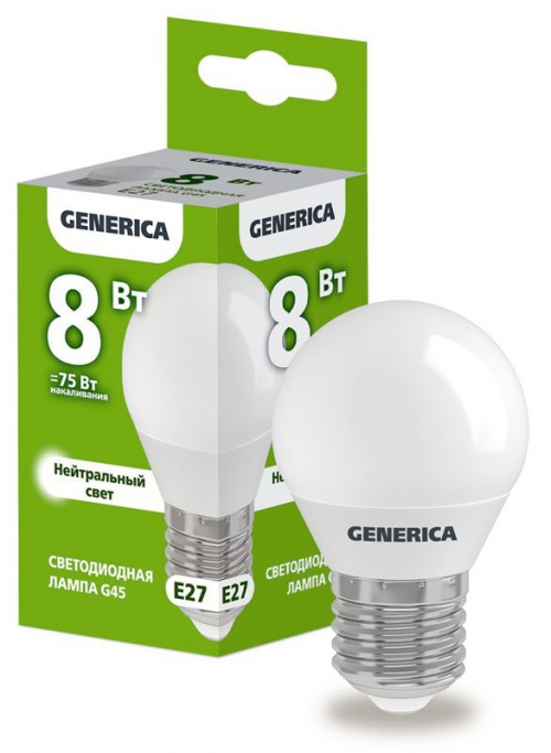 Лампа светодиодная G45 8Вт шар 4000К E27 230В GENERICA LL-G45-08-230-40-E27-G LL-G45-08-230-40-E27-G