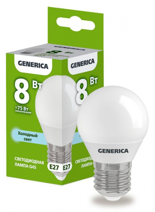 Лампа светодиодная G45 8Вт шар 6500К E27 230В GENERICA LL-G45-08-230-65-E27-G LL-G45-08-230-65-E27-G