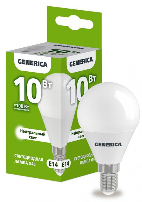 Лампа светодиодная G45 10Вт шар 4000К E14 230В GENERICA LL-G45-10-230-40-E14-G LL-G45-10-230-40-E14-G
