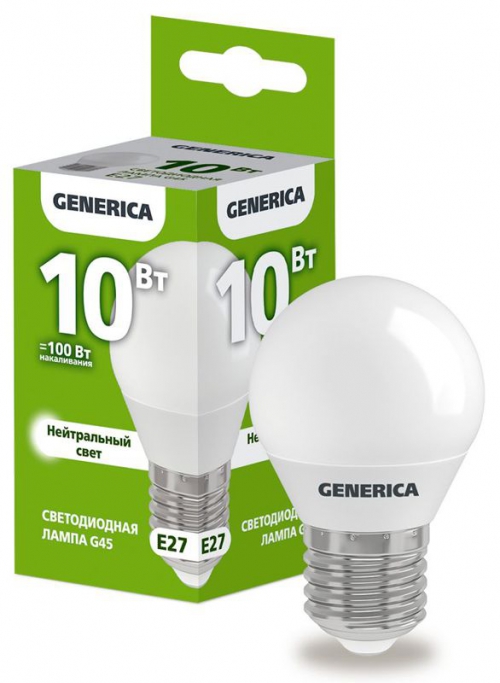 Лампа светодиодная G45 10Вт шар 4000К E27 230В GENERICA LL-G45-10-230-40-E27-G LL-G45-10-230-40-E27-G
