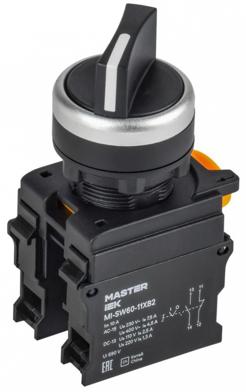 Переключатель 2 полож. 1НО+1НЗ длин. ручка черн. MASTER IEK MI-SW60-11XB2-3-25-2-K02 MI-SW60-11XB2-3-25-2-K02
