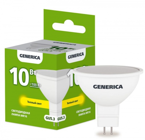 Лампа светодиодная MR16 10Вт софит 3000К GU5.3 230В GENERICA LL-MR16-10-230-30-GU5-G LL-MR16-10-230-30-GU5-G