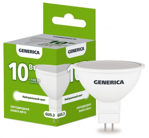 Лампа светодиодная MR16 10Вт софит 4000К GU5.3 230В GENERICA LL-MR16-10-230-40-GU5-G LL-MR16-10-230-40-GU5-G