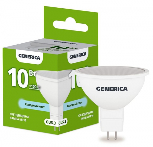 Лампа светодиодная MR16 10Вт софит 6500К GU5.3 230В GENERICA LL-MR16-10-230-65-GU5-G LL-MR16-10-230-65-GU5-G