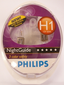 Комплект автоламп PHILIPS 12258NGDLS2 (2 шт.) H1 (55) Night Guide, 3 цвета, двойной срок службы,+50%, 2 шт.